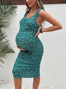 SHEIN Maternity Floral Print Shoulder-Tie Ruched Dress - Green - View 2