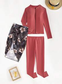 Swim Mulvari 女士拉格蘭長袖布基尼三件套，包括褲子和網紗裙 - 彩色 - 查看 6