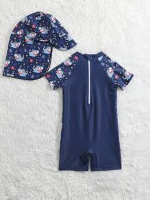 Baby Boy Shark Print One Piece Swimsuit With Swim Cap - Navy Blue - View 2