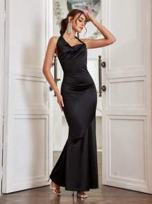 SHEIN Belle Solid Color Draped Collar Halter Neck Bridesmaid Dress With Fish Tail Hem