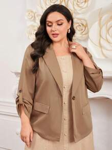 Mulvari Blazer De Un Solo Botón De Color Sólido De Talla Grande Con Bolsillos - Caqui - Ver 7
