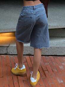 DAZY Shorts de mezclilla sueltos de unicolor de felpa para mujer, ropa de vuelta a la escuela