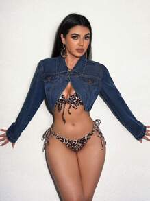 SHEIN SXY 女單排扣短版長袖牛仔夾克 - 深色水洗藍 - 查看 5