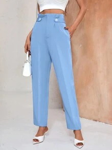 GENKIRA 純色紐扣細節錐形西裝褲 - 淺藍色 - 查看 1