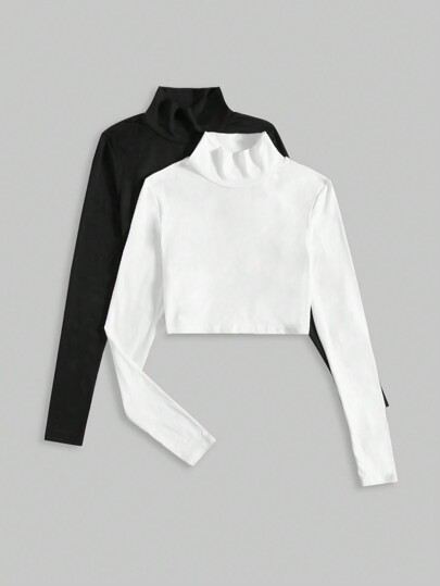 2pcs Turtleneck Base Layer Long Sleeve T-Shirt, Versatile & Skin-Tight