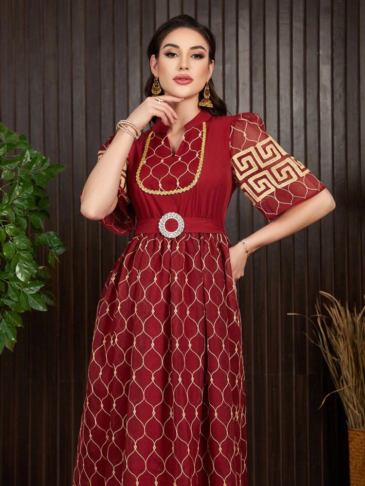 Women's Full Printed Notched Collar Belted Arabic Style Evening Dress, Elegant Evening Party Dress