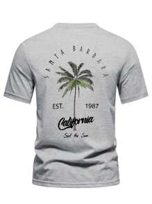 2025 Summer New Men's Coconut Tree & Letter Print Round Neck Short Sleeve Casual T-Shirt