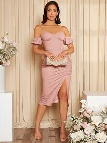 SHEIN Belle Solid Color V-Neck Twisted Front Slit Bridesmaid Dress - Dusty Pink - View 4