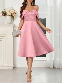 SHEIN Belle Elegant Pink One-Line Shoulder Multi-Fold Three-Dimensional Fish Bone Modified Body Shape Fine Flash Piece Splicing Woven Satin Off Shoulder Beaded Flared Skater Cocktail Dress - Dusty Pink - View 4