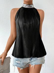 Chiquease Sequin Patchwork Stand Collar Pleated Halter Neck Blouse - Black - View 5