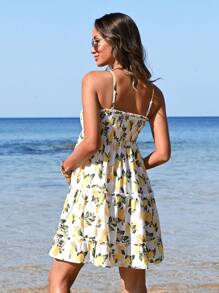 SHEIN Maternity Lemon Printed Ruffle Hem Spaghetti Strap Dress Sun Dresses - Yellow - View 2