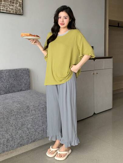 DAZY 简约宽松荷叶边上衣和裤子家居服套装睡衣