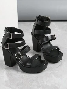 2021春夏新款高跟綁帶涼鞋，黑色高跟羅馬涼鞋，歐美粗跟羅馬涼鞋，女士高跟涼鞋 - 黑色 - 查看 2