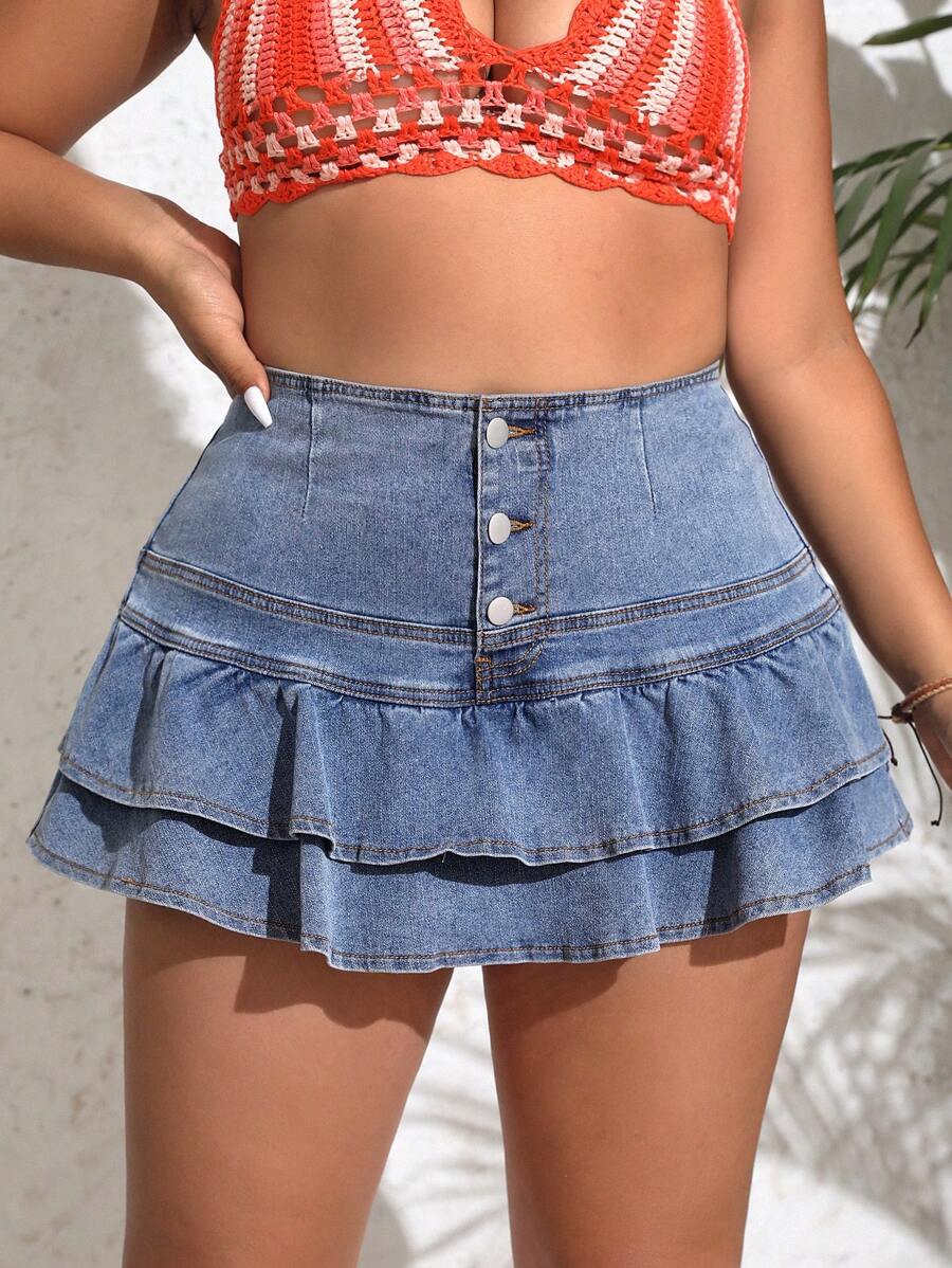 SHEIN VCAY 大尺碼女性雙層荷葉邊牛仔短裙褲 - 藍色 - 查看 1
