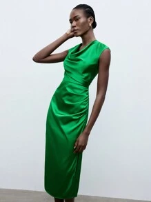 Maija Women's Draped Neck Pure Green Pleated Satin Dress - Green - View 9