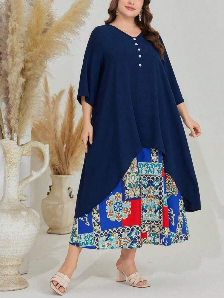 Plus Size Floral Dress And Solid Long Top 2pcs/Set 2 Piece Set