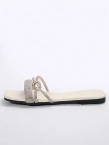 Của phụ nữ Màu be Chóp giầy hình vuông Dép xăng đan , Đồ trang trí Rhinestone , Mùa hè Hàn Quốc Phong cách Bằng phẳng Chóp giầy mở ra Giày dép - Màu be - Xem 4