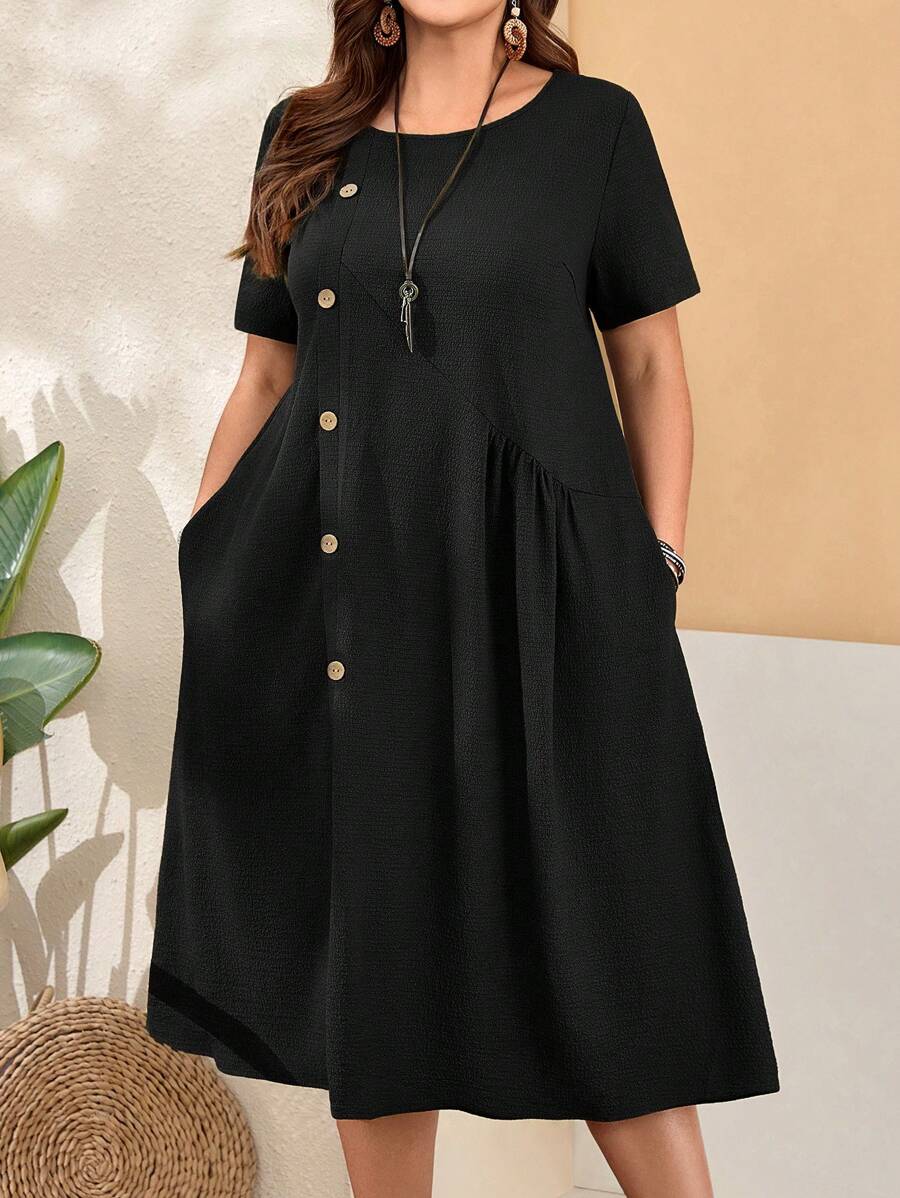 EMERY ROSE 大尺碼女士鬆身紐扣短袖圓領綠色連衣裙,側開叉設計適用於春季穿著