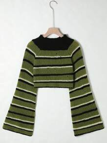 Flirla Plus Size Women's Striped Flare Sleeve Pullover Sweater Knit Pullover Fall Winter - Green - View 1