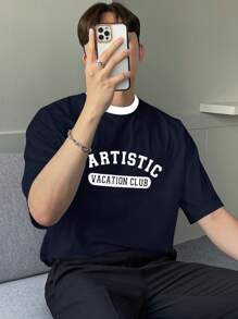 DAZY 男士夏季字母印花T恤、图案T恤 - 藏蓝色 - 查看 4