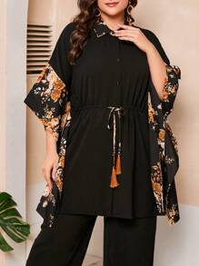 Mulvari 大碼花卉印花蝙蝠袖束腰上衣和長褲套裝 - 藏蓝色 - 查看 6