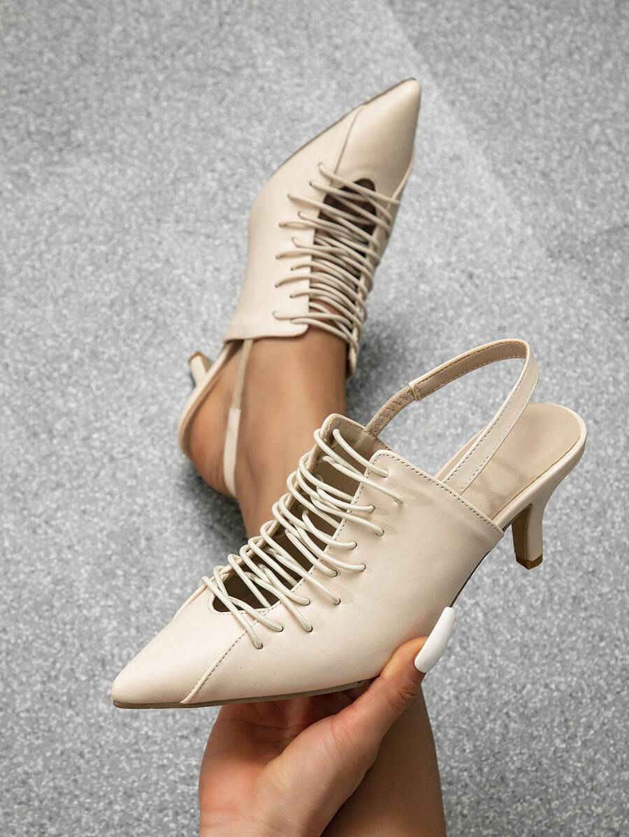 女士高跟尖头系带露跟穆勒鞋，镂空绑带闭趾套脚高跟鞋，百搭优雅，猫跟，适合派对、夏季穿搭 - 杏色 - 查看 1