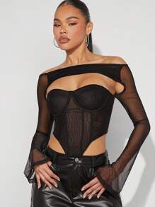 SHEIN Haute Off Shoulder Mesh Contrast Hollow Out Top - Black - View 1