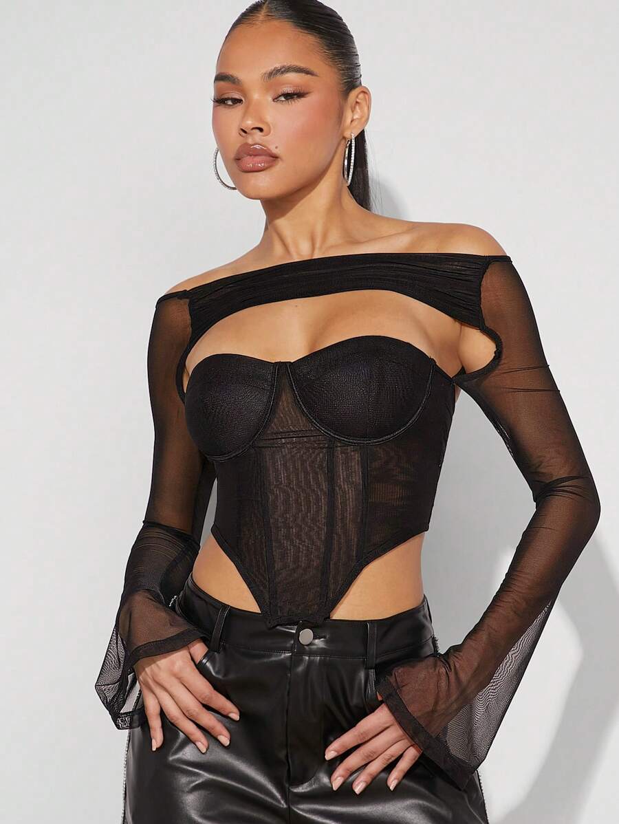 SHEIN Haute Off Shoulder Mesh Contrast Hollow Out Top - Black - View 1
