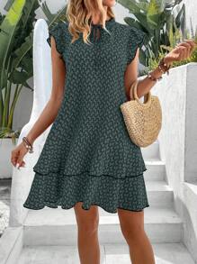 SHEIN Clasi 女士几何印花系带高腰荷叶袖中长连衣裙