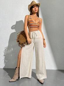 SHEIN PETITE Của phụ nữ Eo cao Khe Mặt trước Quần ống rộng Với thắt lưng - Màu Khaki - Xem 5