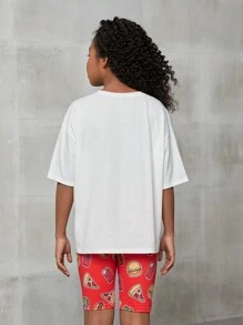 SHEIN Tween Girl Casual Khoai tây chiên kiểu Pháp & Bộ áo ngắn tay in chữ và quần short có đường viền cổ tròn, mùa xuân/hè - Nhiều màu - Xem 7