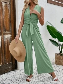 Breezaya 純色v領腰帶鬆緊寬腿連身褲 - 綠色 - 查看 3