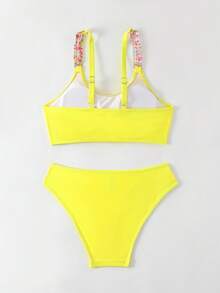 SHEIN Swim Women'S Beaded Solid Color Crew Neck Bikini Set - Yellow - View 2