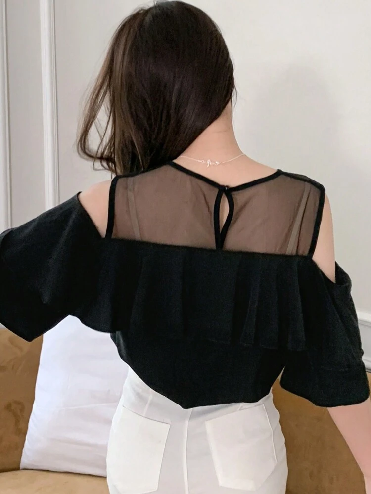 Mesh Panel Short Sleeve Round Neck Blouse With Ruffle Hem For Women Going Out Tops Summer