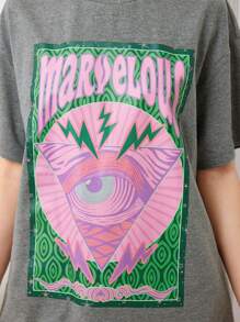 SHEIN Teen Girl Knitted Street Style Letter Print Loose Fit Long Short Sleeve T-Shirt With Round Neck