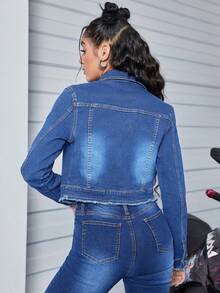 Women's Zipper Closure Fringe Edge Denim Jacket - Medium Wash - View 2