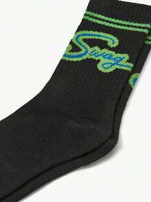 SHEIN 雙男童黑色撞色字母設計時尚中筒襪 - 黑色 - 查看 6