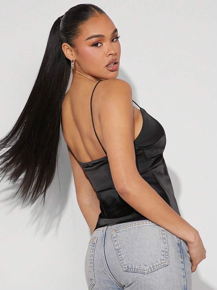 Denimoi Regata Assimétrica de Cetim com Amarração Frontal Preta para Mulheres, Top Sexy para Sair, Top com Alças Finas para Festa, Concerto Country, Festival Rave, Roupa de Balada - Preto - Visão 2