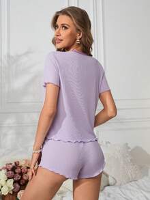 女性淺紫色蕾絲拼接短袖短褲睡衣套裝 - 紫色 - 查看 2