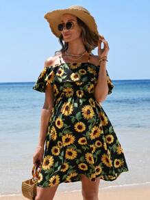 SHEIN Maternity Sunflower Print Ruffle Dress With Ruffle Hem