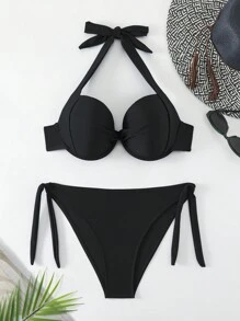 SHEIN Swim Solid Color Twist Knot Halter Bikini Set, String Bikini Swimwear Bathing Suit Beach Outfit Summer Vacation,Summer Beach - Black - View 7