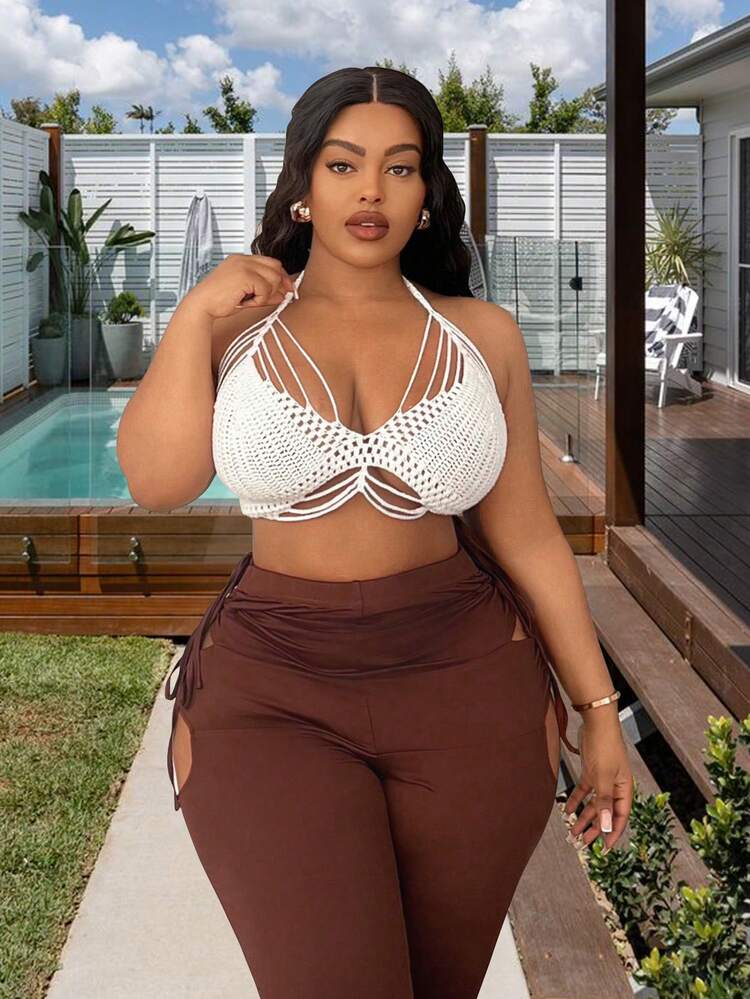 Plus Size Solid Color Halter Neck Tie Back Hollow Out Knitted Top