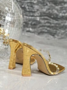 穿上真的很漂亮！女士金色釘高跟鞋,粗跟設計,氣質優雅,方頭設計,露趾設計,透明鉚釘,綴有亮片水晶,夏季鞋履必備 - 金色 - 查看 3
