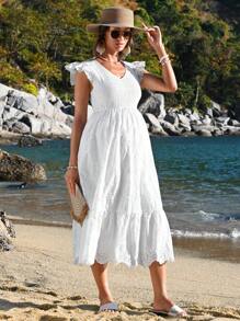 SHEIN Tropical Vacation V-Neck Ruffle Trim Sleeve Maternity Midi Dress - White - View 4