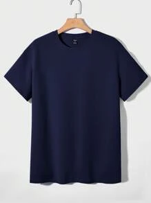 Manfinity RebelGame Camiseta De Manga Corta De Cuello Redondo Para Hombre, Tejido De Punto En Color Sólido - Azul Marino - Ver 2