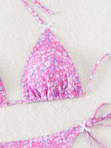 Swim Mod Summer Beach Women's Ditsy Floral Print Halter Neck Tie Bikini Set - Purple - View 6
