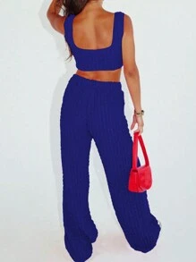 SHEIN EZwear 女士純色紋理短上衣和褲子套裝 - 藍色 - 查看 2