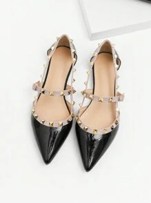 Fall/Winter New Arrival Black Patent Leather Flat Shoes With Rivets, Pointed Toe, Low Vamp And Buckle Strap - Black - View 2