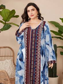 Al Najma Robe À Manches Longues Et Col En V De Style Arabe Pour Femmes De Grande Taille, Impression Aléatoire