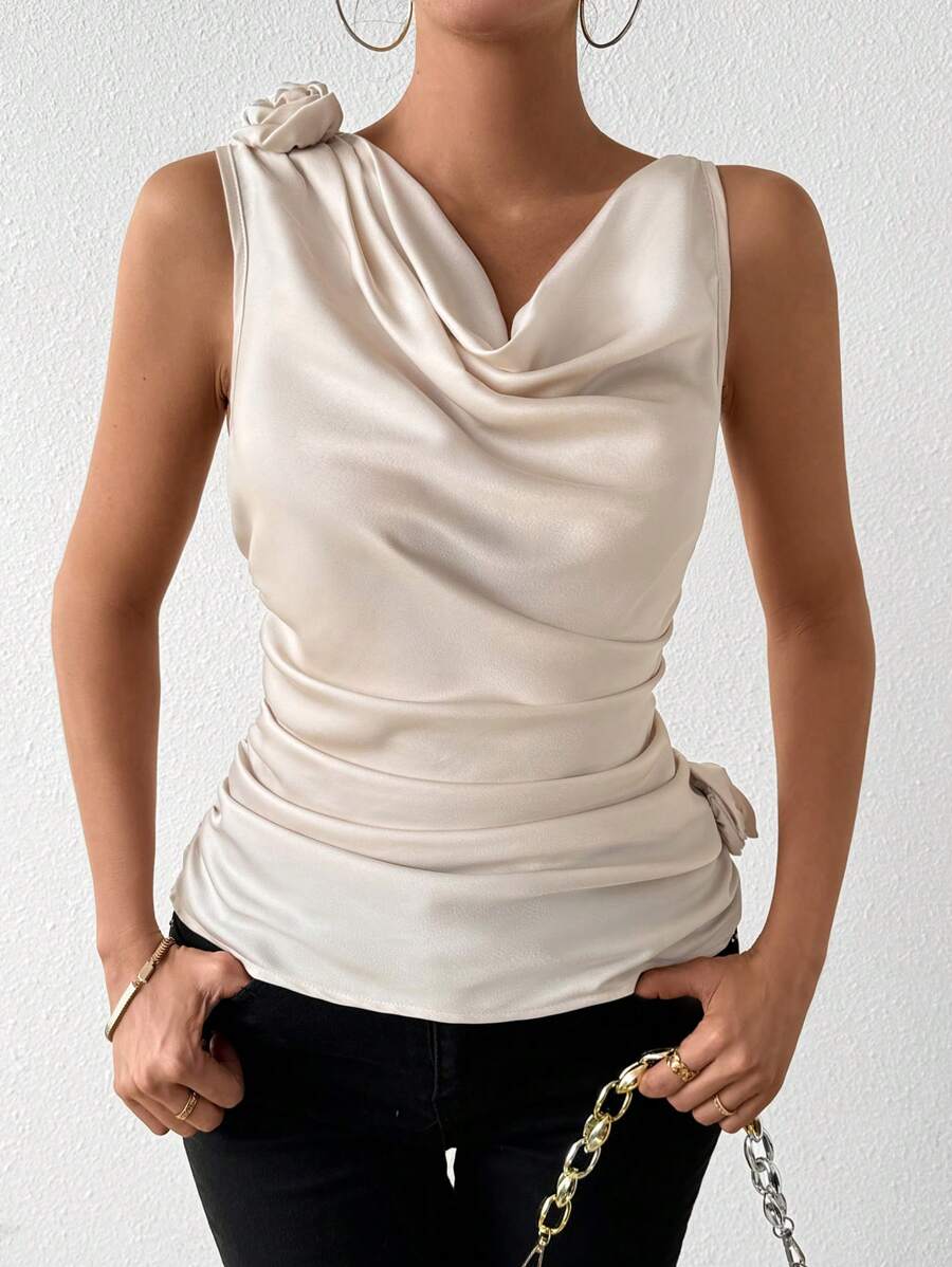 Chiquease Women's Sleeveless Top With 3d Flower Decoration - Apricot - View 1